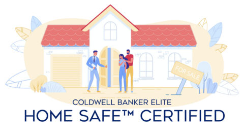 Graphic of people outside a house with the CBE logo and "home safe certified" written out