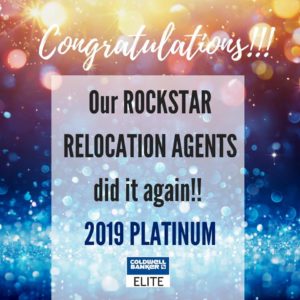 rainbow sparkly background with text over top saying "congratulations, our rockstar relocation agents did it again! 2019 Platinum"