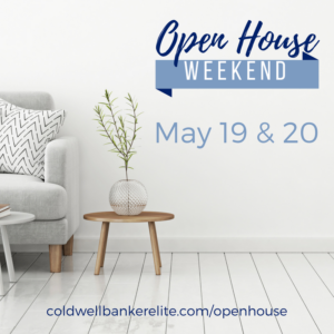 White living room with text overtop saying "open house weekend, may 19 and 20"