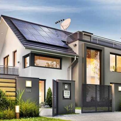 Modern home with solar panels on roof