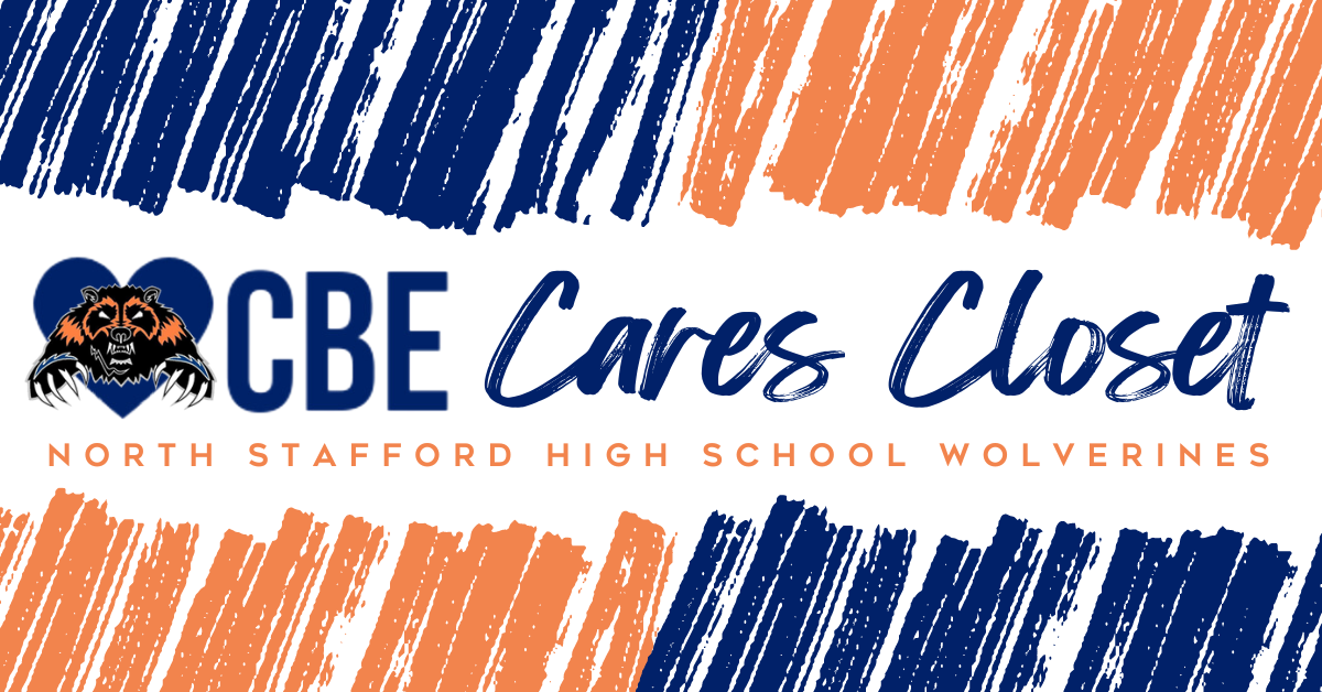 CBE Cares Closet North Stafford High School Wolverines logo with blue and orange border