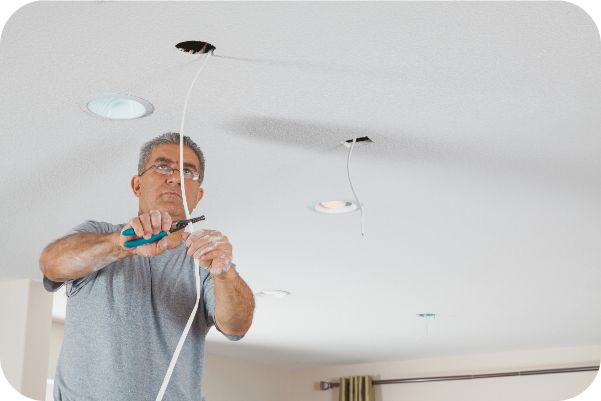 Electrician installing modern recessed lighting in a Colonial Beach home to improve its "Show Ready" appeal.